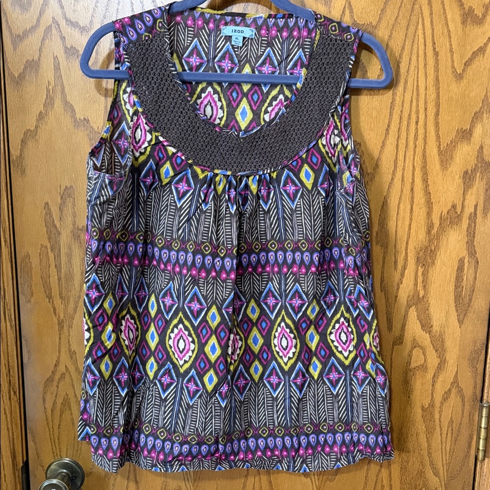 Izod Brown Crochet Yoke Multicolor Printed Tank Top